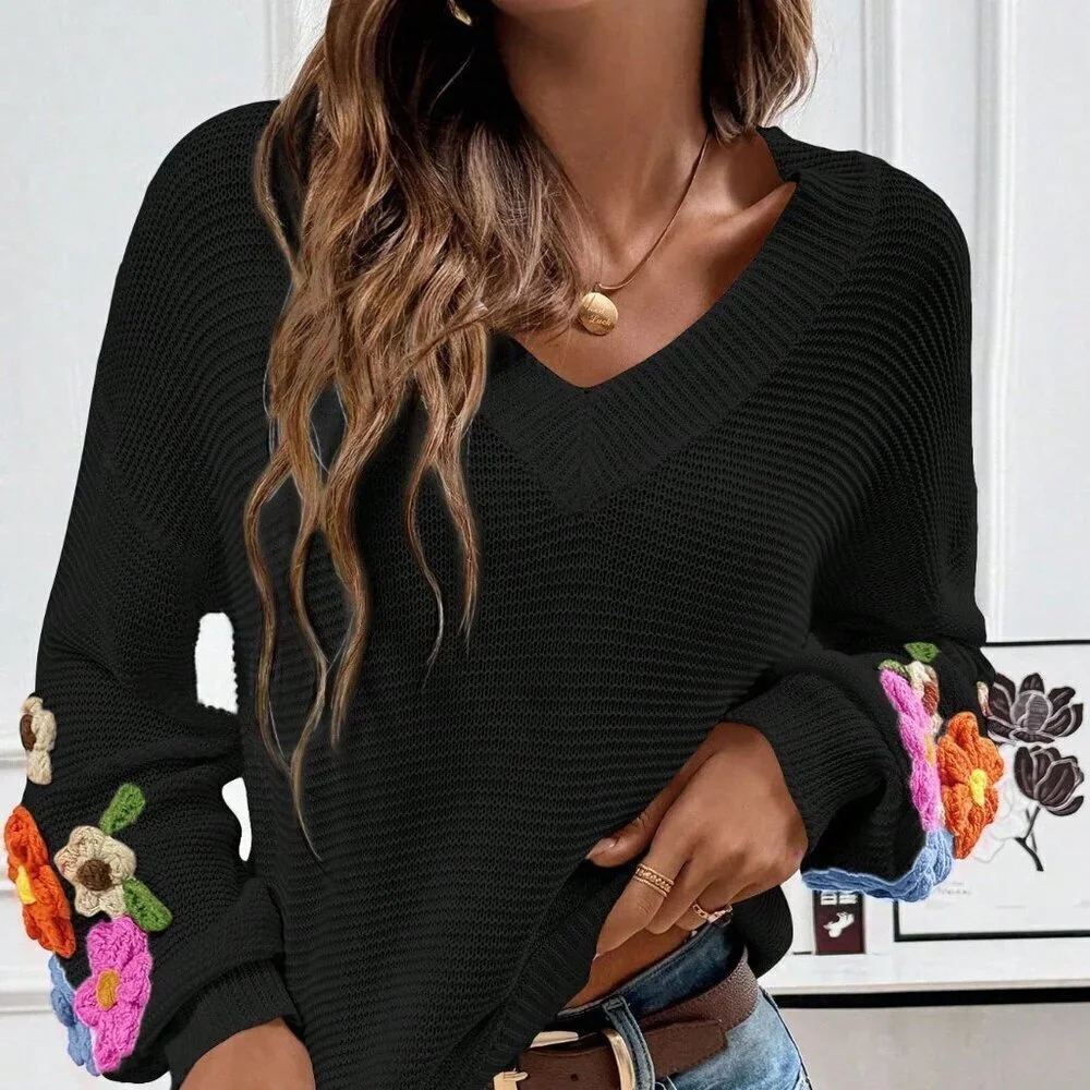 Black Casual Women's V-Neck Crochet Lantern Sleeve Pullover Sweater